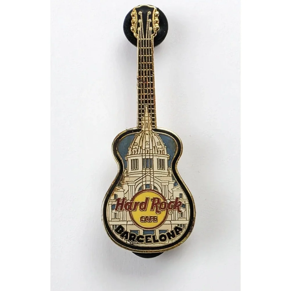 Vintage Hard Rock Cafe Barcelona Gold Tone and Enamel Guitar Brooch Pin